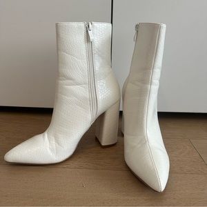 White Faux Snake Print Heeled Ankle Boots